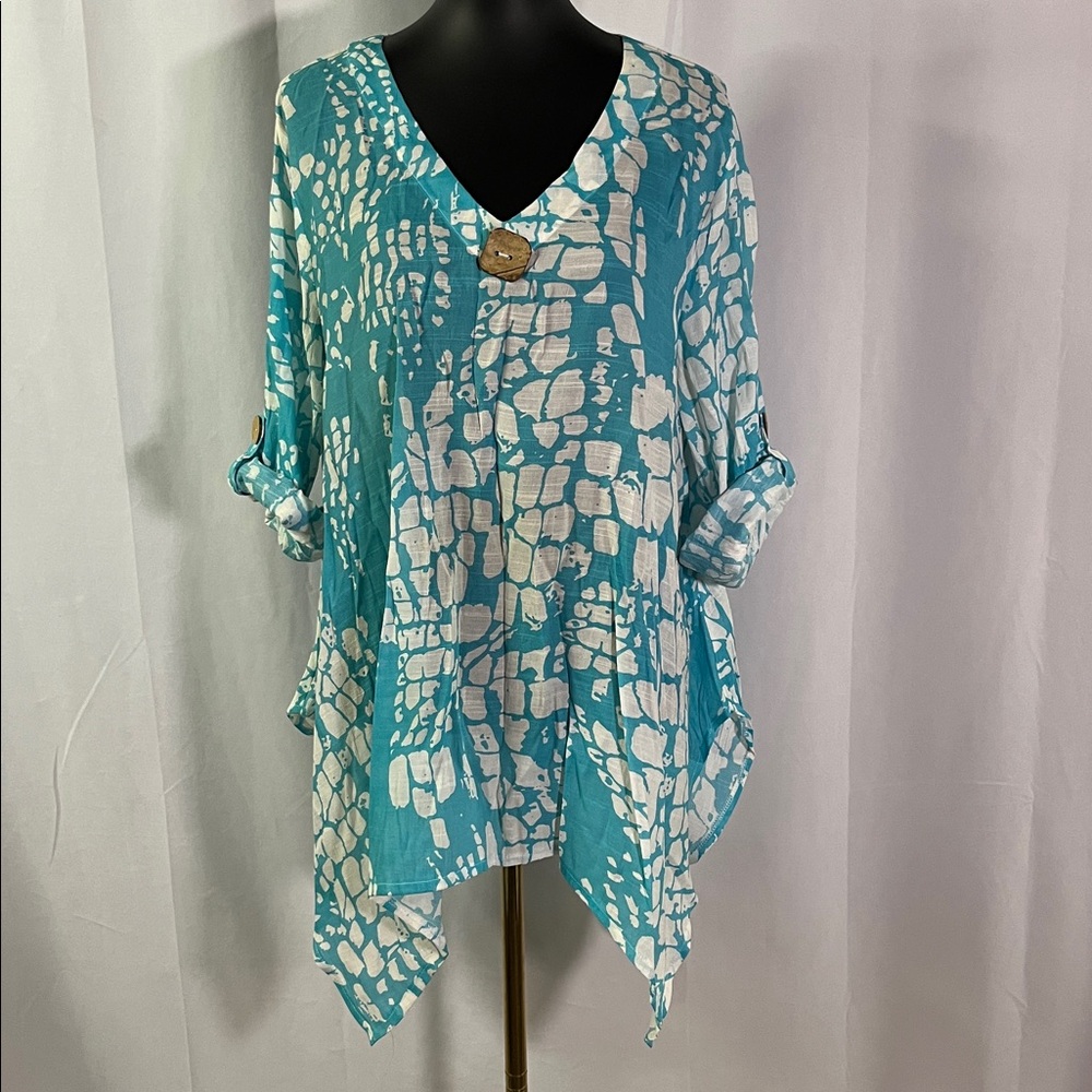 Pleasant Shade Teal & White Printed Roll-Tab Sleeve Tunic Style Swim Coverup